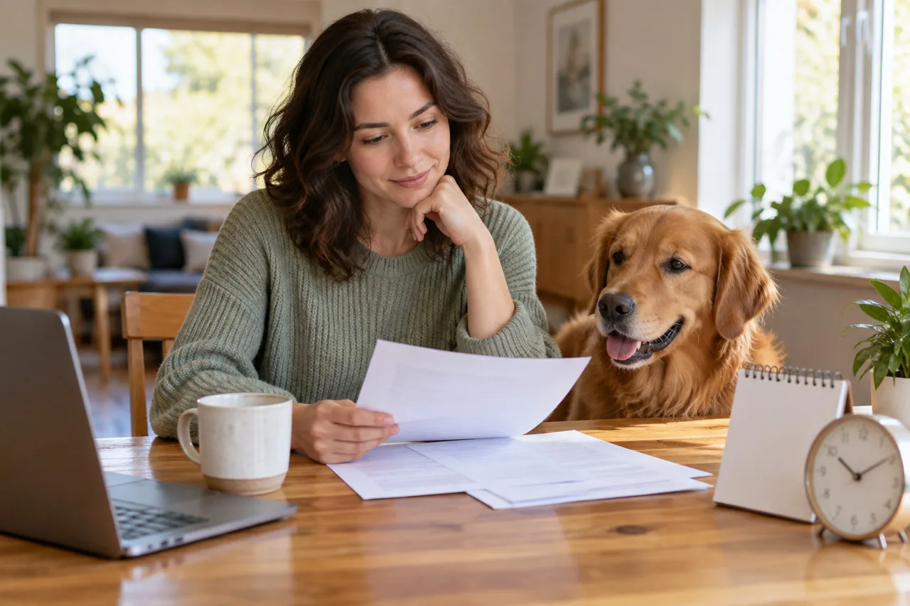 Owner reviewing papers beside a dog with a clock and calendar nearby
