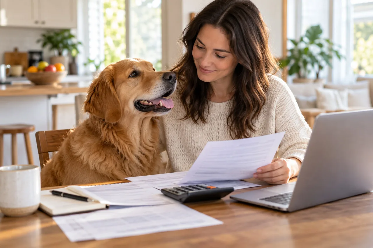 Owner reviewing papers with a dog seated beside her